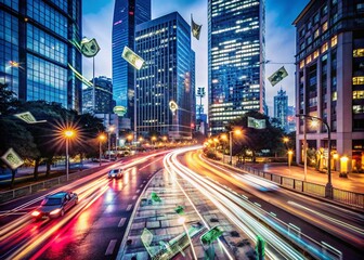 Fototapeta premium Long Exposure Conceptual Image Representing Schuldendeflation: Economic Decline, Debt Reduction, and Financial Recovery in a Dynamic Urban Environment