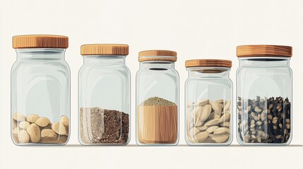 38.A detailed illustration of a set of glass jars used for zero-waste kitchen storage. Each jar has a smooth, transparent body and is topped with a wooden lid. The jars contain various dry foods and