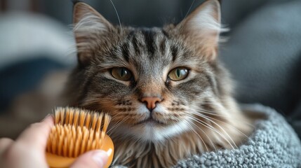 A close-up of a cat being groomed with a brush.