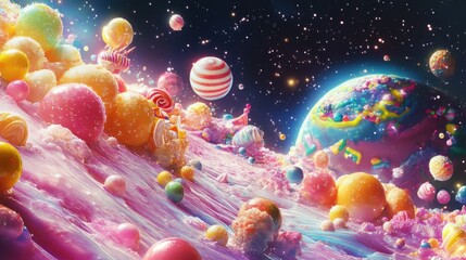 A vibrant candy explosion in space, with sweet treats orbiting