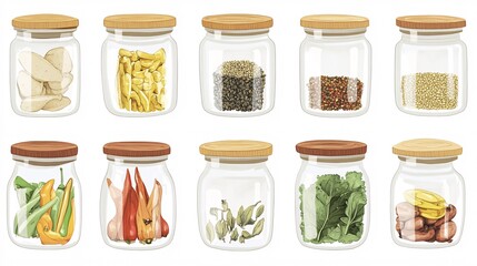 38.A detailed illustration of a set of glass jars used for zero-waste kitchen storage. Each jar has a smooth, transparent body and is topped with a wooden lid. The jars contain various dry foods and