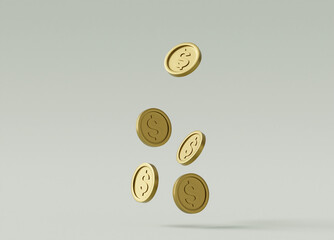 3D rendered illustration of a gold coin icon floating in mid-air with a dollar sign. Concepts of money, wealth and investment. A plain background emphasizes the coin's simplicity and clarity.
