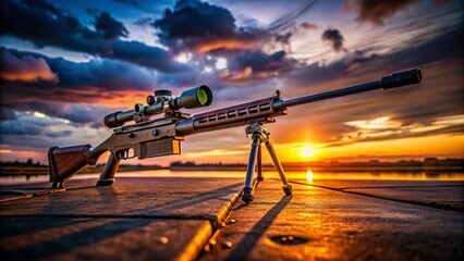 Fototapeta premium Low Light Photography of a Precision Long-Range Rifle on a Darkened Shooting Range with Subtle Lighting Accentuating Its Features and Design Elements