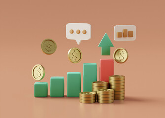 3D rendered illustration of a rising bar icon and a pile of gold coins. with graphs and speech bubbles It communicates financial analysis. return growth and business communication