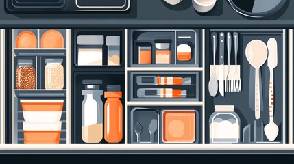 65.A modern storage solution illustration featuring a kitchen drawer divided into sections with plastic storage boxes. Each box holds a different item, such as cutlery, spices, and cooking tools,