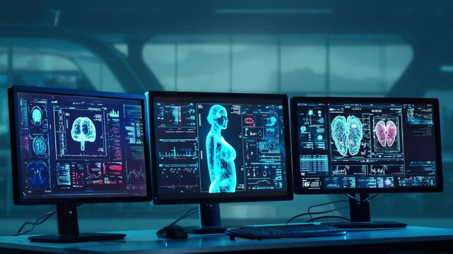 Doctor working at futuristic office, multiple monitors displaying medical images, data and body scans.