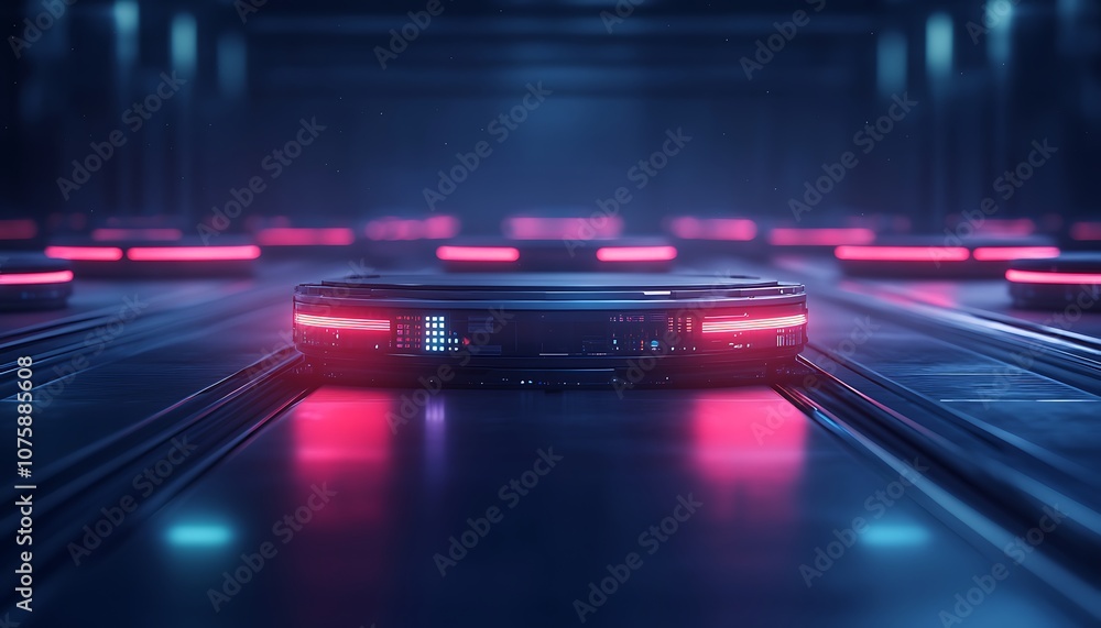 Poster a futuristic scene featuring a sleek vehicle illuminated by vibrant neon lights in a high-tech envir