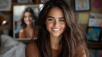 Teenager with a bright smile looking into a mirror, surrounded by bedroom decor, creating a positive and warm atmosphere for self-affirmation, Ultra-Realistic, Photo Realistic, highly detailed, 