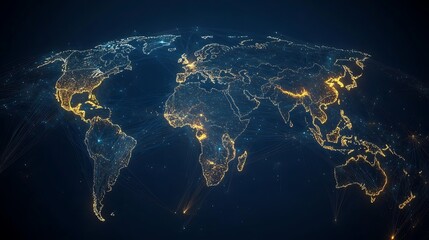 A digital representation of a world map illuminated by network connections and data points.