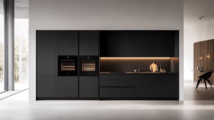 Fototapeta premium 107.A spacious and contemporary kitchen in Slotenslaan, with a large black cabinet housing integrated ovens and a clean, minimalist design. The neutral-toned walls and subtle lighting enhance the