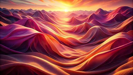 Obraz premium Golden Hour Over Crimson Sands, A Surreal Landscape of Wavy Hills Illuminated by the Setting Sun
