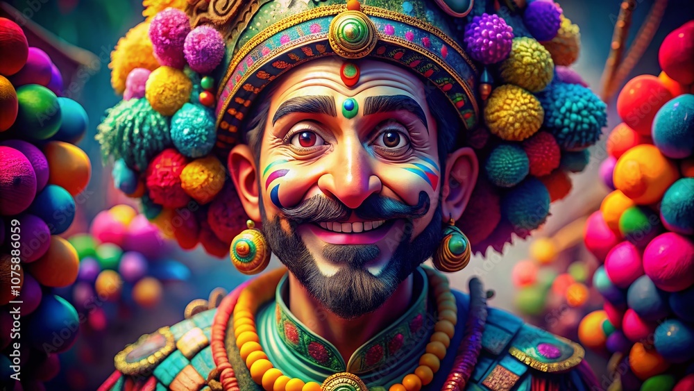 Poster macro photography of a colorful cartoon man character in a whimsical environment, capturing vibrant 