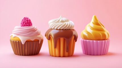 7.A 3D vector set of delectable desserts featuring a crunchy cookie, a caramelized canelÃ©, a buttery madeleine, and a colorful cupcake topped with frosting. The desserts are arranged in a playful,