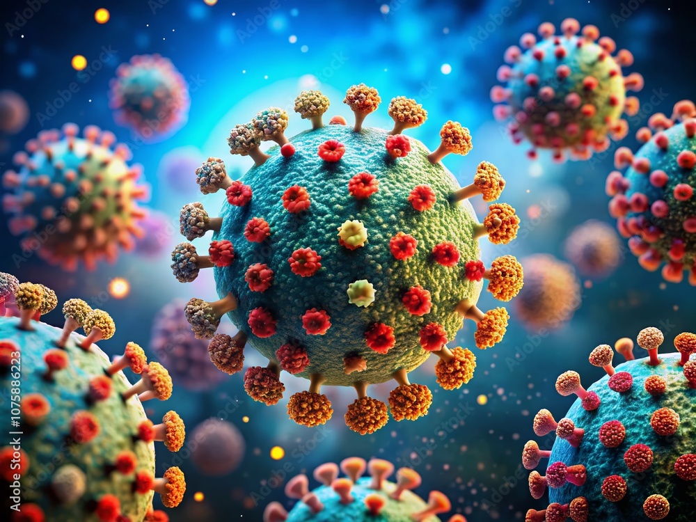 Poster macro photography of hiv virus particles showcasing unique morphology and their interaction with hos