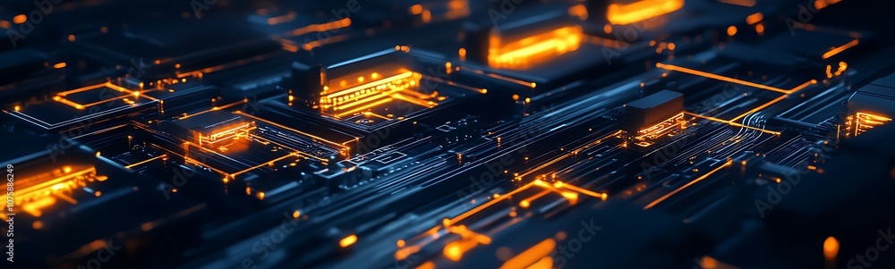 Fototapete a futuristic digital landscape with glowing circuits and intricate patterns in blue and orange, repr