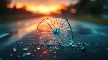 Shattered Glass on a Road with Sunset in the Background
