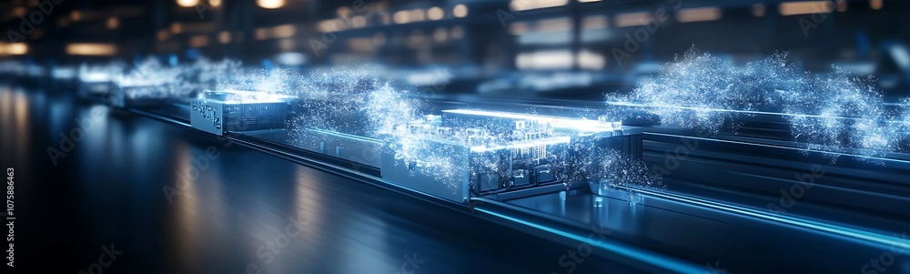 Poster A futuristic digital landscape is depicted, showcasing illuminated structures and dynamic data visualization, symbolizing technology and innovation.