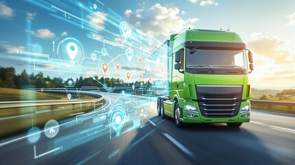 Innovative green truck with futuristic digital navigation on highway