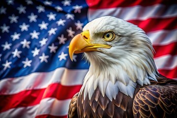 Naklejka premium Majestic American Eagle Draped in the American Flag, Capturing the Essence of Patriotism and Freedom in a Stunning Portrait Photography Composition
