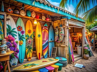 Macro Photography of Vibrant Surfboard Details at a Colorful Beach Shop, Showcasing Texture, Colors, and Craftsmanship in a Tropical Setting