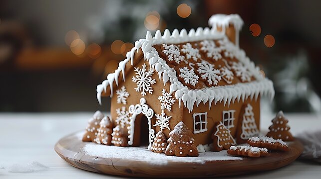 A festive Christmas dessert decoration featuring a gingerbread house adorned with frosting and snowflakes, perfect for holiday celebrations and seasonal baking