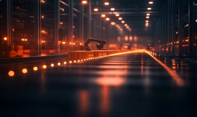 Fototapeta premium A futuristic scene featuring a robotic arm working along a conveyor belt in a dimly lit industrial environment.