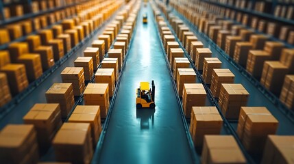 Obraz premium Efficient Warehouse Logistics with Organized Rows of Cargo Containers and Forklifts in Motion