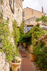 Old buildings and narrow streets in the medieval village of Eze, France.