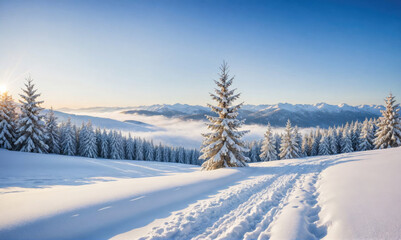 A snowy landscape with a lone pine tree in the foreground