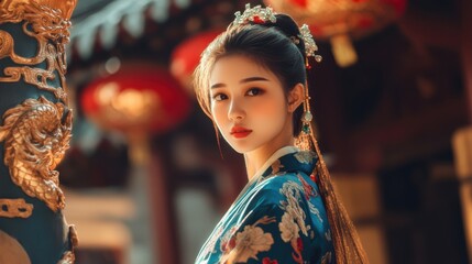 Obraz premium A young Asian woman in a traditional Chinese hanfu, posing elegantly
