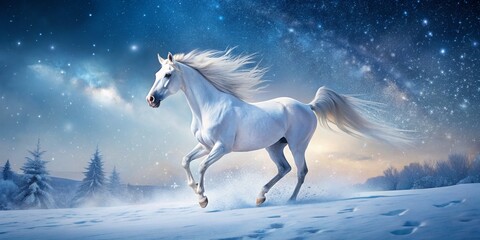 Fototapeta premium Majestic Long Exposure of a Beautiful Snow White Arabian Horse Galloping Through a Serene Winter Landscape Under a Starry Night Sky with Soft Snowfall Enhancing the Dreamy Atmosphere