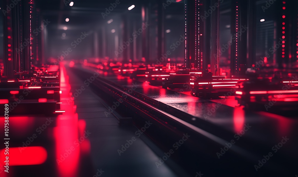 Leinwandbilder A dimly lit corridor with rows of glowing red lights, creating a mysterious and futuristic atmosphere.