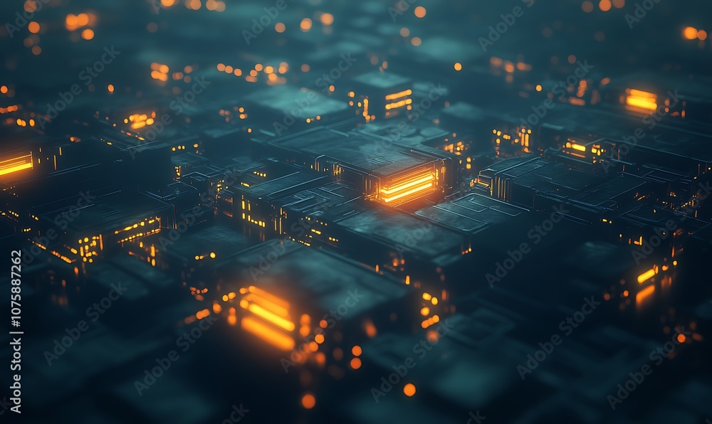 Poster A vibrant, abstract representation of a digital circuit board with illuminated components, suggesting technology and depth in a futuristic design.