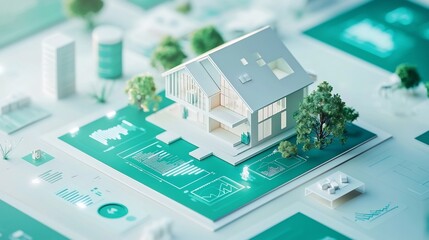 Obraz premium Flat Layout of House Model with Financial Analytics Visualization
