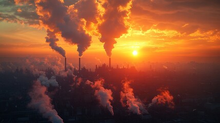 Industrial landscape at sunset with smoke and pollution.