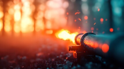 Fototapeta premium Glowing Cannon Primed for Explosive Action in Twilight Landscape