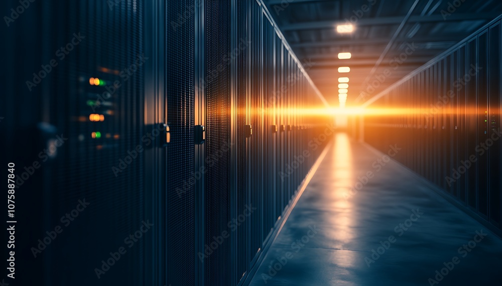 Aufkleber A serene data center corridor illuminated by a glowing light at the end, showcasing servers lined up along the walls.