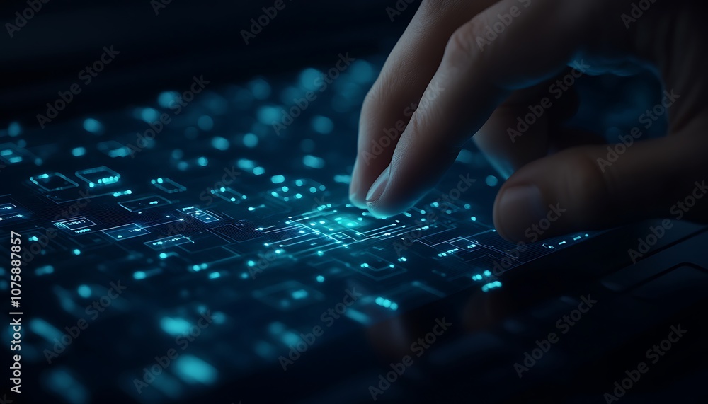 Leinwandbilder A hand hovers over a digital surface filled with glowing blue patterns and symbols, suggesting interaction with advanced technology or a futuristic interface.
