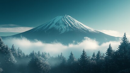 Majestic Mount Fuji Snow Capped Peak with Forest and Clouds in Japan