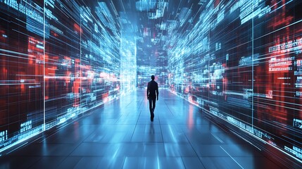 Obraz premium A figure walking through a futuristic digital corridor filled with glowing data streams.