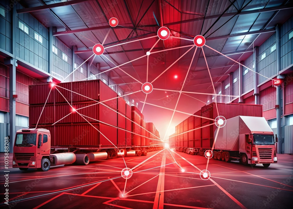Poster minimalist logistics plan in a tech network with ruby red lines illustrating efficient supply chain 