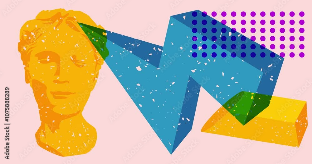 Poster risograph head statue with geometric shapes animation. moving object in trendy riso graph design vid