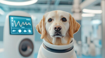 A labrador sits in a modern, high-tech environment, wearing a device that monitors health, highlighting the blend of pets and technology.