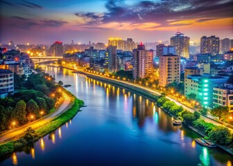 Fototapeta premium Minimalist Night View of Dhaka Cityscape Featuring a Serene Illuminated River and Striking Skyline with a Focus on Tranquility and Urban Elegance