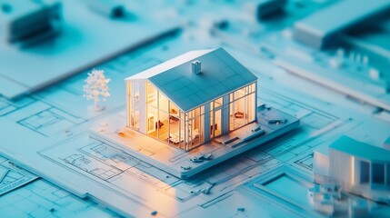 Miniature Home Model Surrounded by Architectural Blueprints and Financial Documents