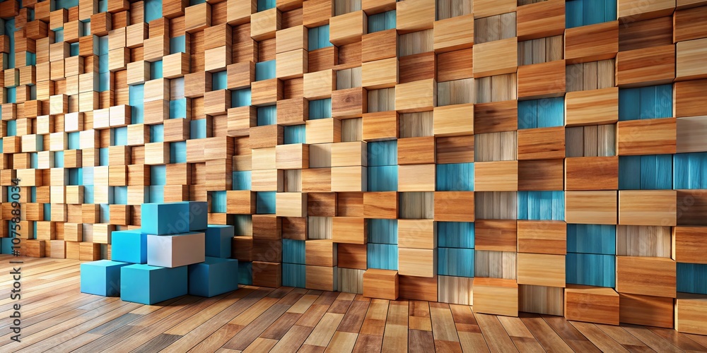 Poster modern architectural design with rectangular tile wall and stacked wooden blocks creating a textured