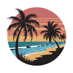 Obraz premium Retro color design vector sea beach and palm tree illustration 