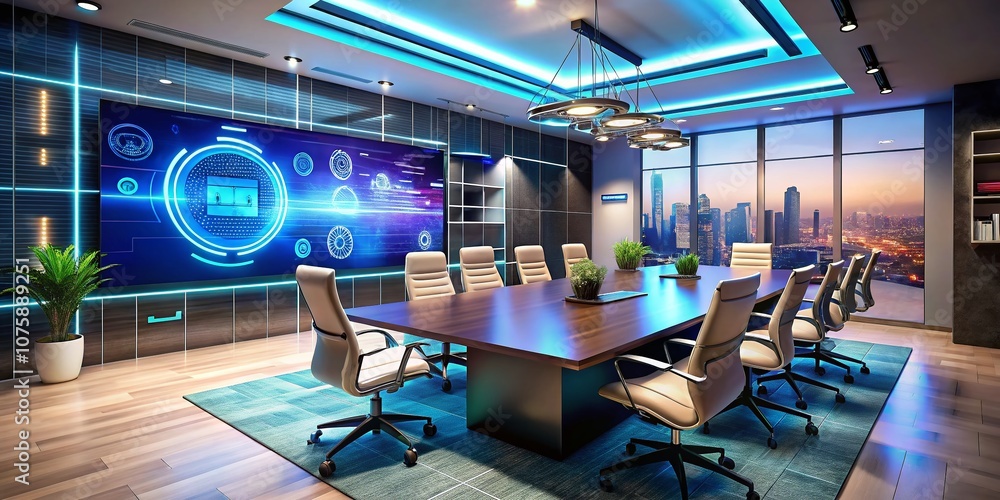 Poster modern conference room with illuminated table and digital network design for tech presentations in a