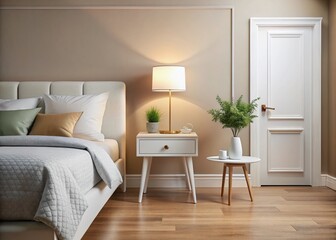 Fototapeta premium Modern Bedroom Design with a White Lamp on a White Wooden Side Table, Emphasizing Minimalist Aesthetics and Cozy Ambiance Perfect for Interior Design Inspiration