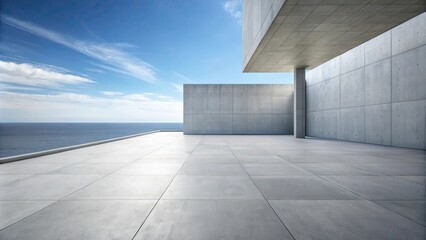 Empty concrete floor and gray wall with a rendering of a sea view plaza against a clear sky background